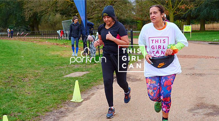 2 brown skin women run. parkrun x This Girl Can